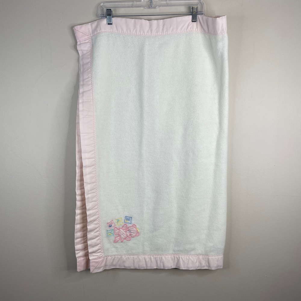 Vintage 70s 80s Satin Trim Baby Blanket Pink White Embroidered Bear ABCs Comfy